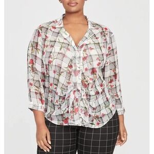 1X NWT‎ Rachel Roy Collection Sheer Red Floral Black Plaid Blouse Whimsy Goth